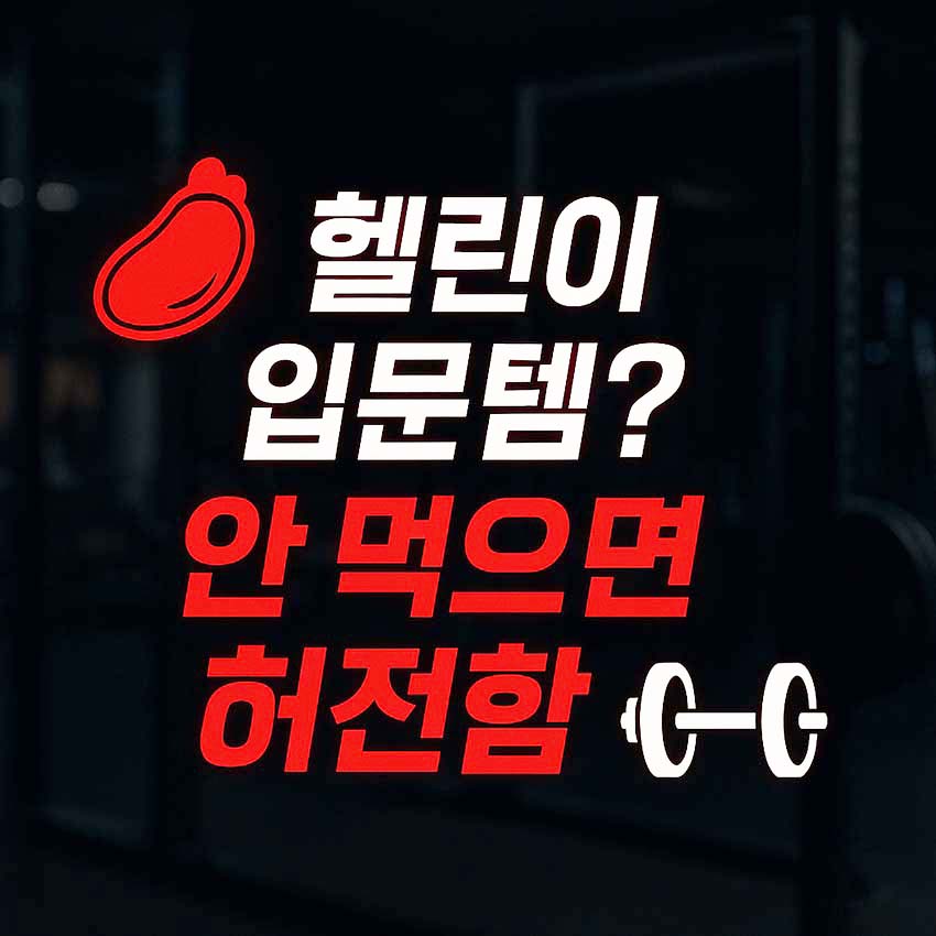 어두운 헬스장 배경 위에 "헬린이 입문템? 안 먹으면 허전함"이라는 문구가 굵은 흰색과 빨간색 글씨로 적혀 있고, 닭가슴살 아이콘과 바벨 그림이 함께 배치된 썸네일 이미지