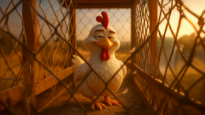 철망 안 닭장에 흰 닭 한 마리가 서 있고, 따뜻한 노을빛이 주변을 부드럽게 비추고 있다.