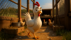 닭장 안 흙바닥 위에 흰 닭 한 마리가 서 있고, 뒤쪽에는 다른 닭들이 보인다. 나무 울타리와 철망으로 둘러싸인 공간에 따뜻한 햇빛이 비치고 있다.