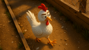 위에서 내려다본 시점으로, 흙바닥 위에 흰 닭 한 마리가 서 있다. 닭장 바닥에는 작은 풀과 나무 구조물이 보이며, 따뜻한 빛이 공간을 비추고 있다.