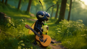 초록 숲길에서 한 손에 음료와 기타를 들고 앉아 있는, 반쯤 감긴 눈의 3D 곤충 캐릭터 모습