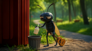 공원 산책로 옆에서 기타를 들고 음료병을 쓰레기통에 버리는, 무표정한 3D 곤충 캐릭터 모습