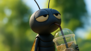 빨대를 꽂은 음료를 마시며 반쯤 감긴 눈으로 멍하니 바라보는 3D 곤충 캐릭터 모습