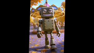 가을 공원 배경에서 회전목마 앞을 걷고 있는 로봇 캐릭터. 포토샵 생성형 채우기 기능 설명을 위한 AI 생성 예시 이미지.