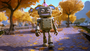 가을 공원 배경에서 회전목마 앞을 걷고 있는 로봇 캐릭터. 포토샵 생성형 채우기 기능 설명을 위한 AI 생성 예시 이미지.
