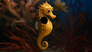 AI로 생성한 노란색 해마 캐릭터. 수중 배경 속에서 정면을 바라보고 있으며, 생성형 채우기 기능 설명을 위한 예시 이미지.