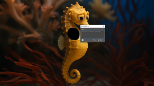 AI로 생성한 노란색 해마 캐릭터. 수중 배경 속에서 정면을 바라보고 있으며, 생성형 채우기 기능 설명을 위한 예시 이미지.