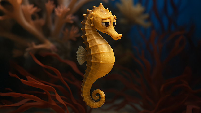 AI로 생성한 노란색 해마 캐릭터. 수중 배경 속에서 정면을 바라보고 있으며, 생성형 채우기 기능 설명을 위한 예시 이미지.