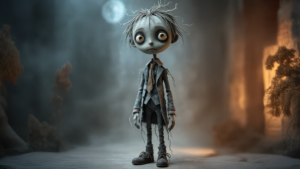 큰 눈을 가진 마른 체형의 고딕 스톱모션 스타일 인형 캐릭터가 정면을 바라보고 서 있다. 창백한 피부와 헝클어진 머리, 낡은 정장을 입고 있으며, 어두운 안개 낀 배경 속에 고요한 분위기가 느껴진다.
