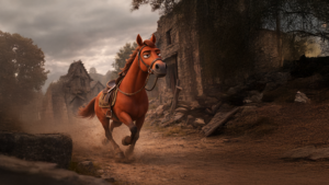 폐허가 된 중세 마을의 흙길을 따라갈색 말 한 마리가 정면을 향해 달려오는 장면.