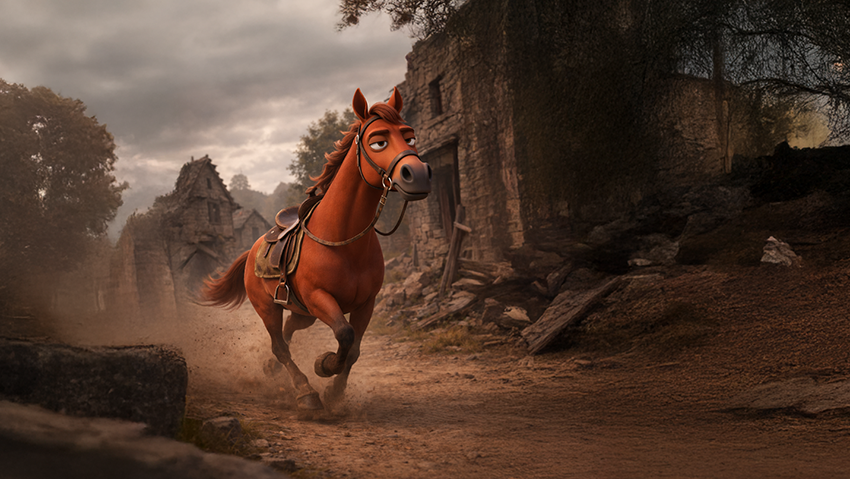 폐허가 된 중세 마을의 흙길을 따라 갈색 말 한 마리가 정면을 향해 달려오는 장면.